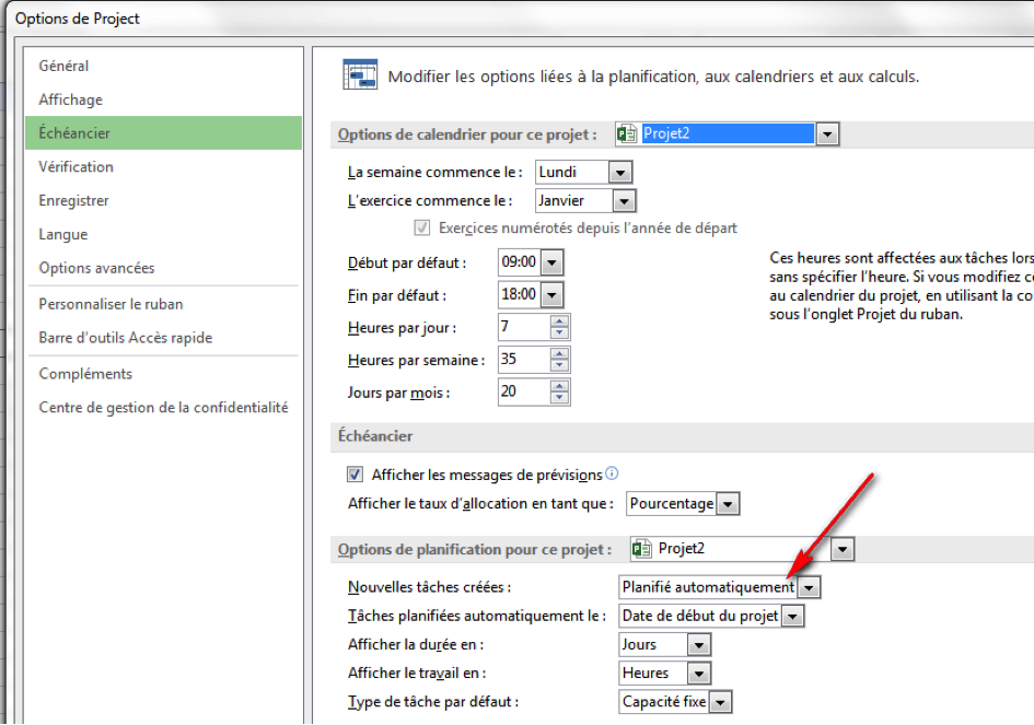 Configuration Fichier > Options > Echéancier